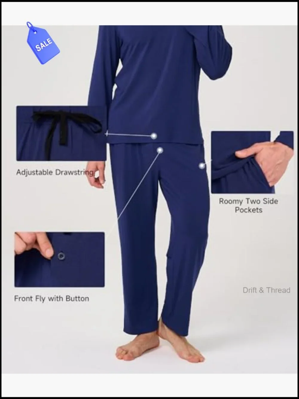 Men's Long Sleeve Pajama Set with Pockets - Soft Breathable Lounge Sleepwear